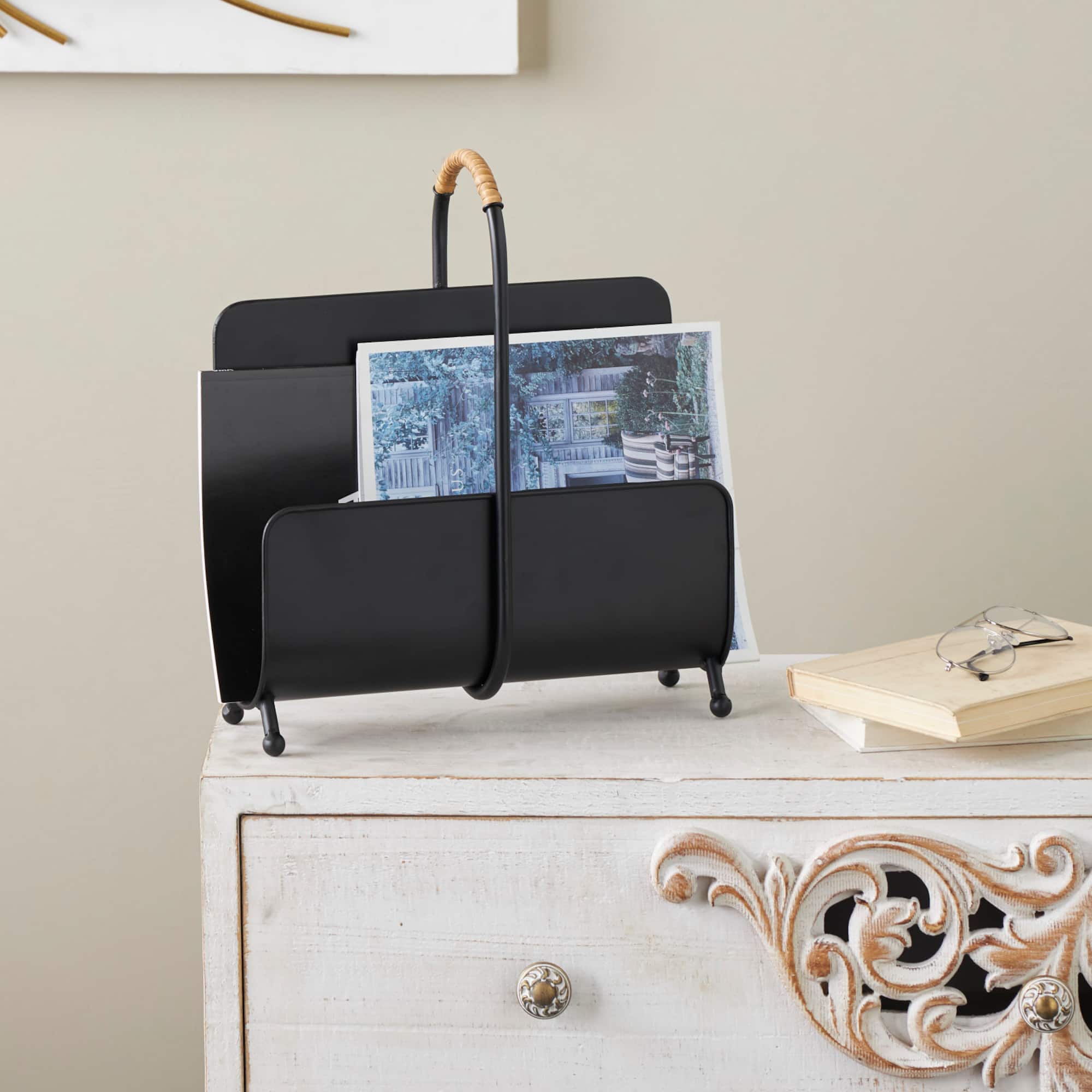 15" Black Metal Modern Decorative Magazine Holder with Loop Shaped Handle